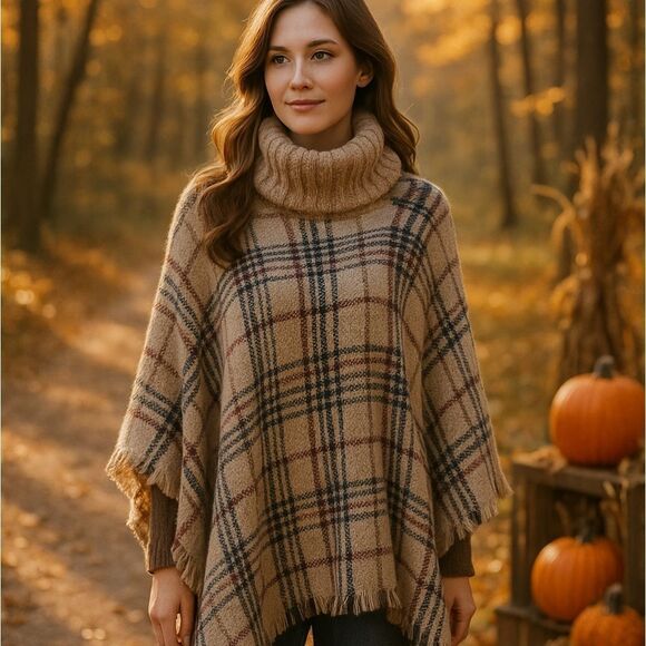 Time And Tru Plaid Turtleneck Poncho Sweater | Fall Cozy Style | Size L/XL - Picture 5 of 15